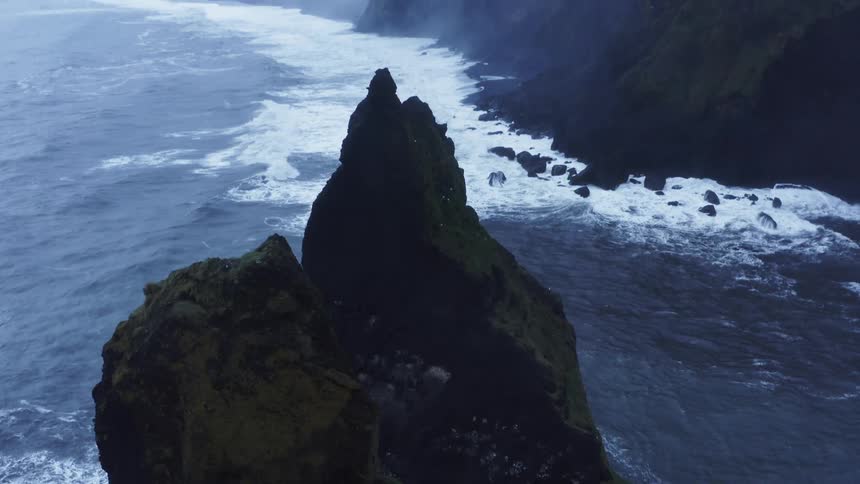 Birds flying over a large cliff on the shore as waves roll in