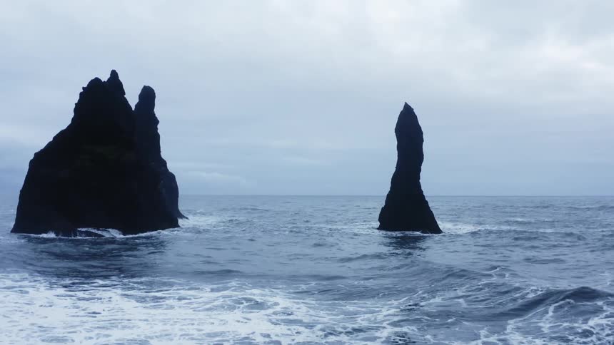 Aerial view of sea stacks on a cloudy day