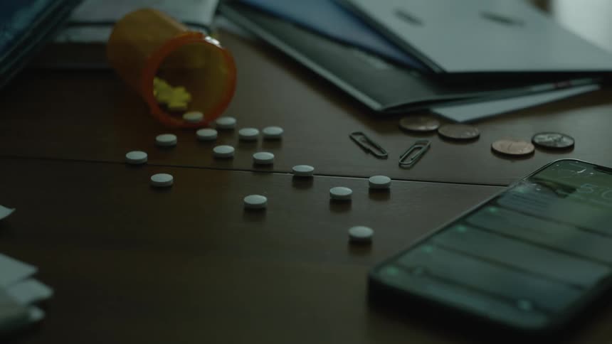Spilled drugs next to smartphone receiving messages