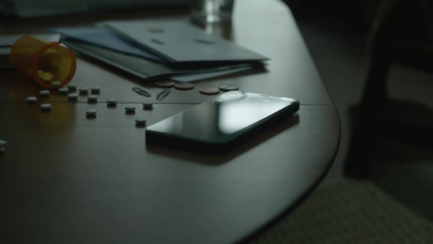 A bottle of pills is spilled on a table near a glass of water and a cell phone