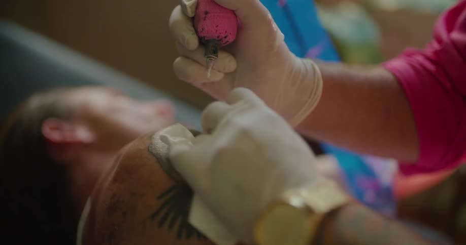 A man tattoos a womans face on a mans shoulder