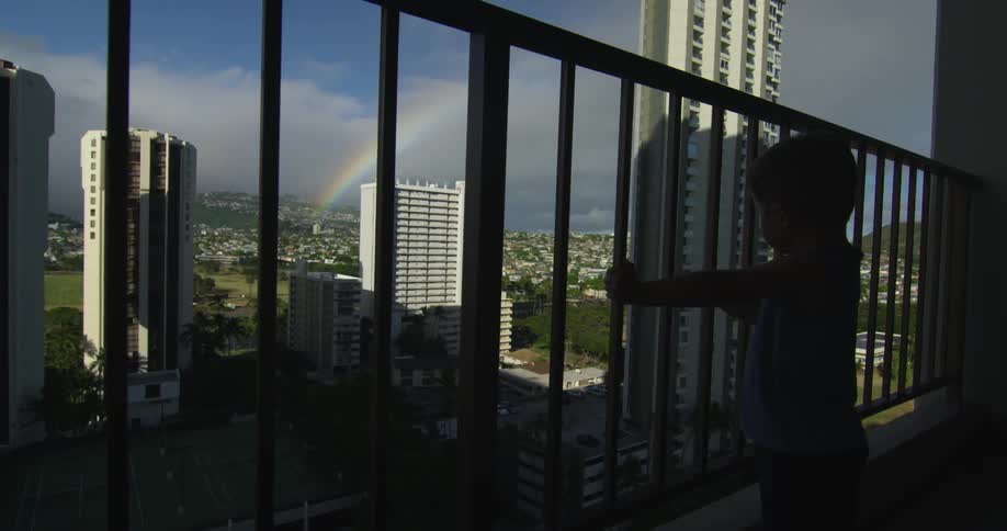 A boy leans against a railing overlooking a city