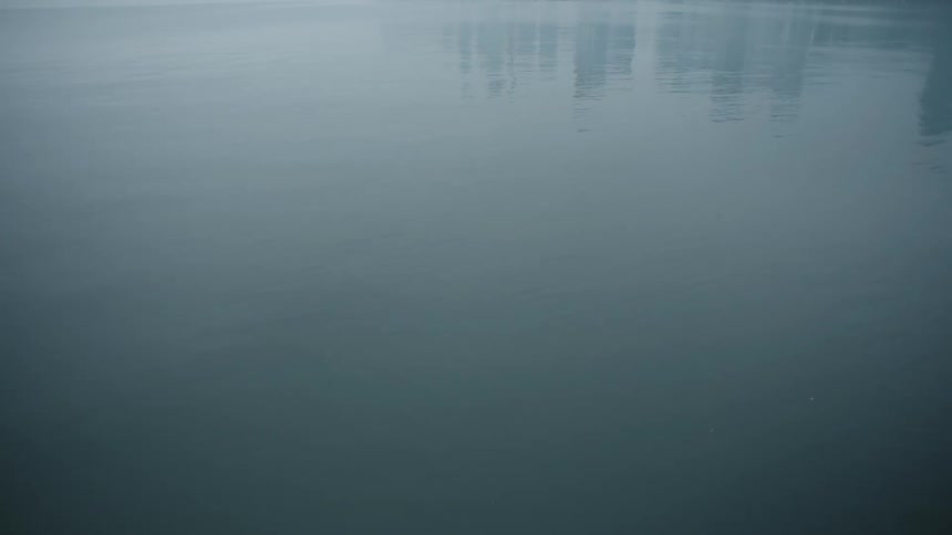 Poles from a dock reflect in the water