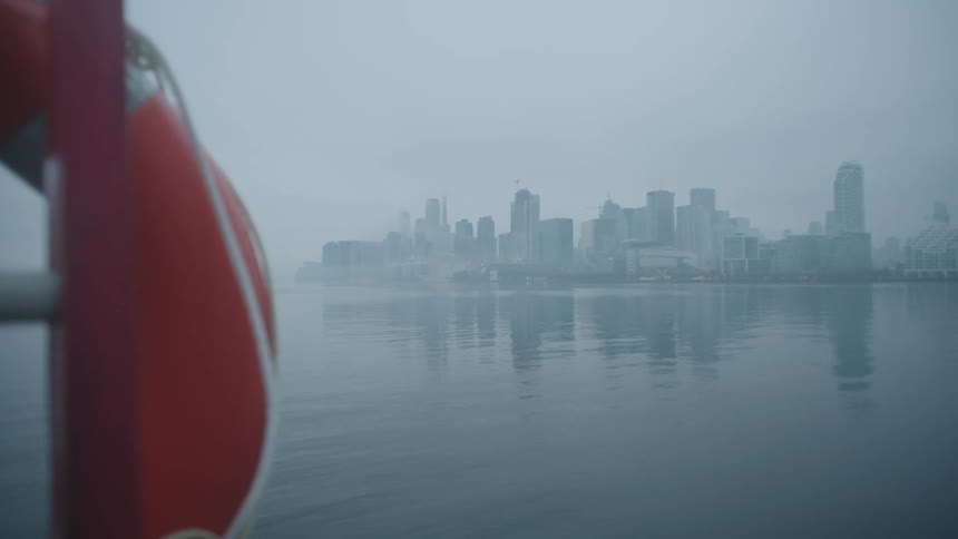 A body of water with a ladder and a lifesaver in the foreground with a city skyline the sky and clouds in the background