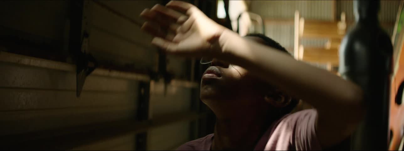 A boy in a dark barn looking at light beams on his hand