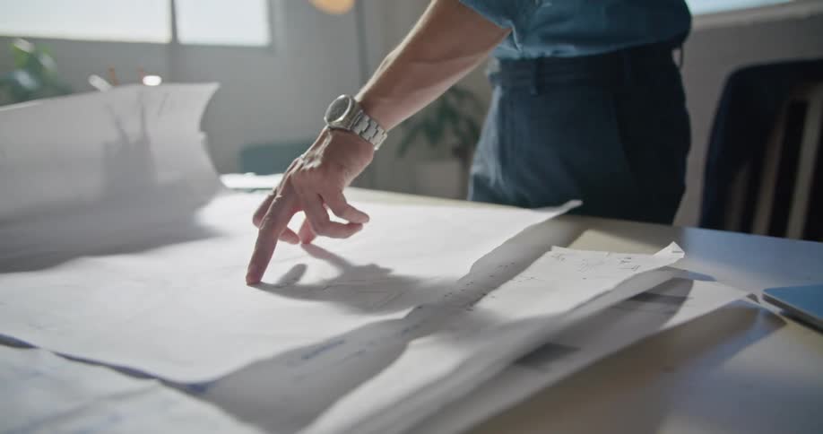 Man with blue shirt and dark blue pants talks on smartphone touching papers by table in the office smiling