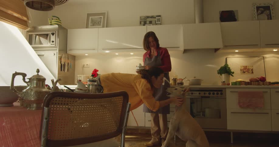 A woman gives some food to her dog