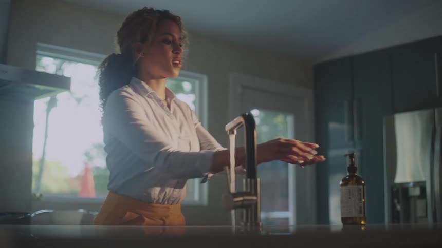 Woman with wavy brown hair white shirt and yellow pants washes hands in the kitchen sink using soap