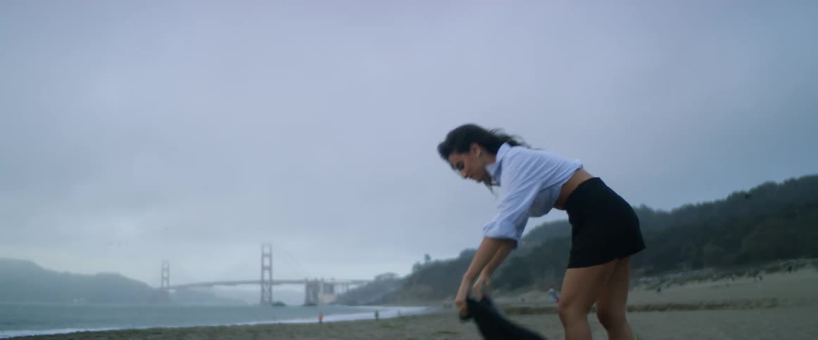 A young, dark-haired ethnic woman holding a laptop glances over at the Golden Gate Bridge in the foggy distance as she lays her sweater down on a log at the beach and sits on it.