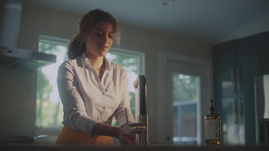 Woman with curly hair white shirt and yellow pants washes hands in the kitchen sink