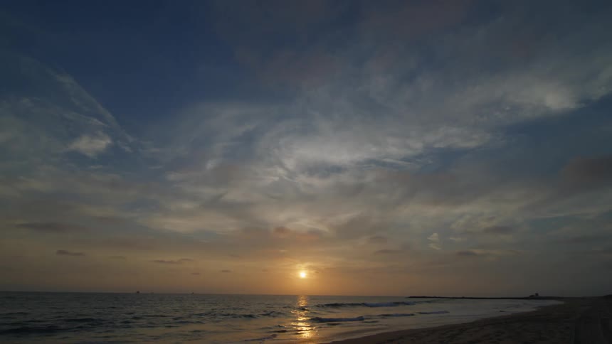 View of sunset with broad horizon seen from beach