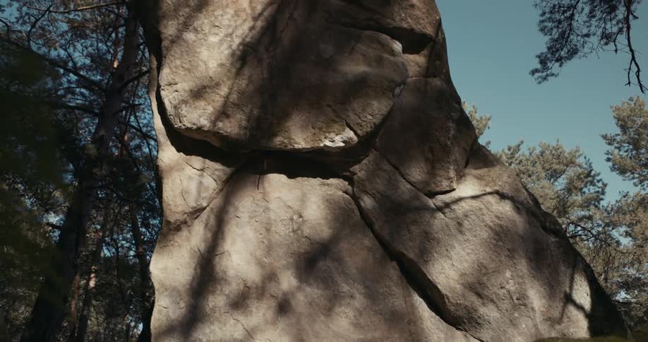 A large towering rock surrounded by trees in a woodland area during the day