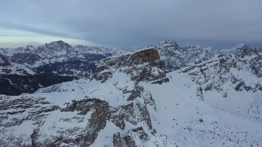 Snow covered mountains under heavy cloudy sky