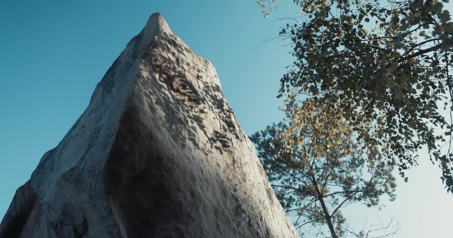 Rock cliff next to trees against the blue sky