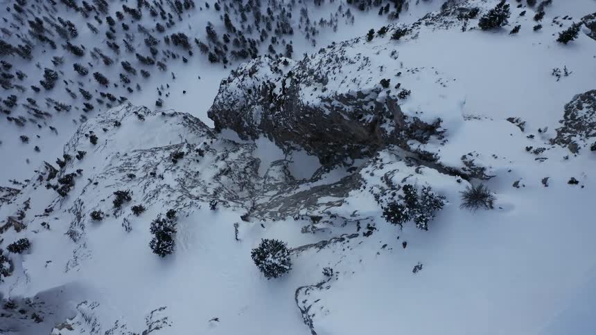 Aerial view of a snow covered mountain ravine surrounded by pine trees