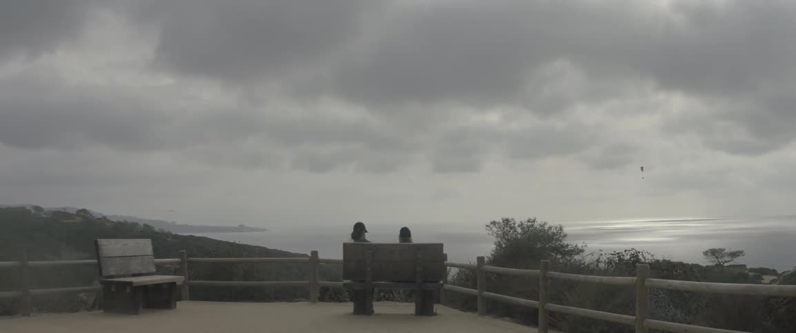 Two people sit on a bench near the shore