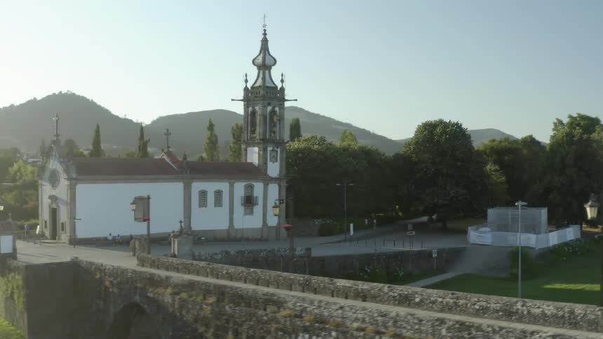 An aerial view of a church outdoors