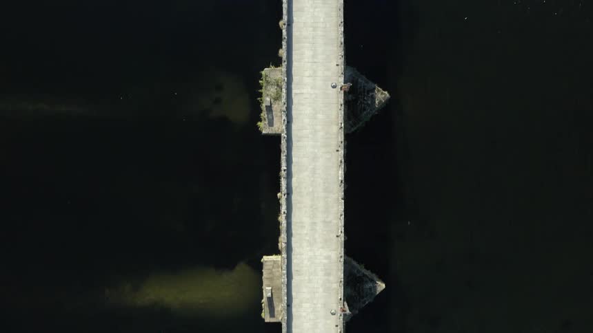 Aerial view of people going over bridge over dark waters
