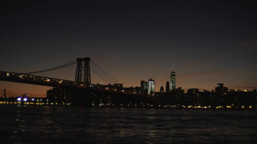 A city skyline at night