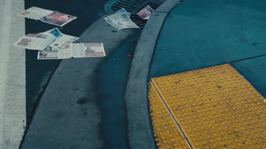 People passing by papers scattered on sidewalk in the street