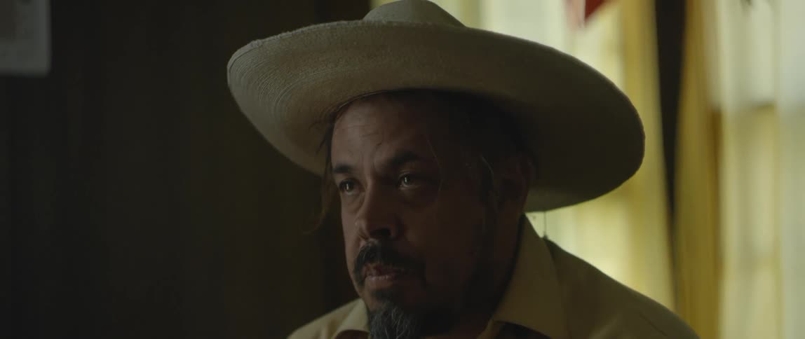 A man is wearing a sombrero and looking forward