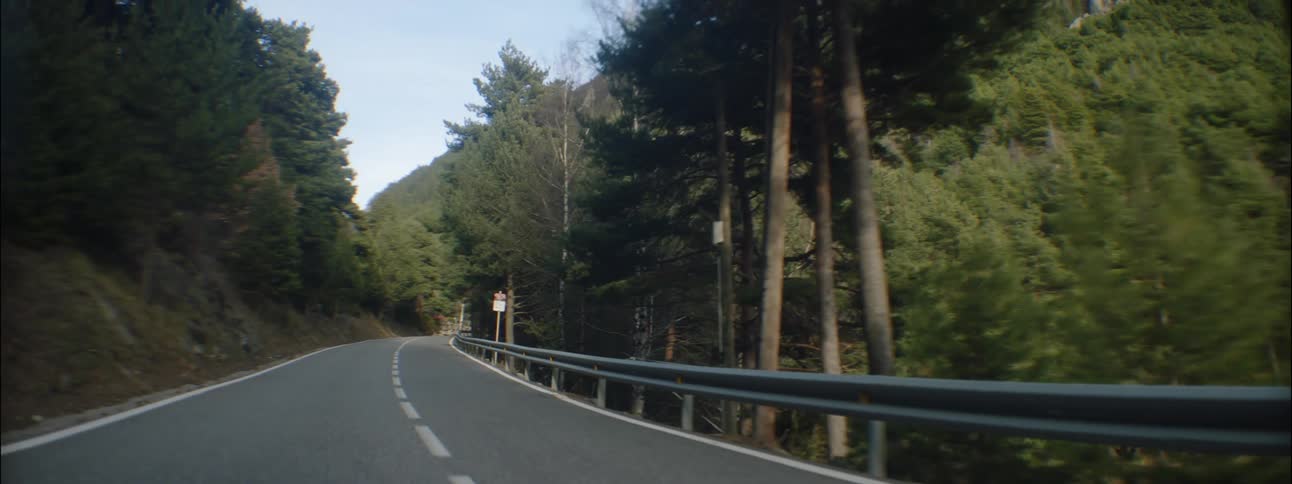 Rear facing view of traveling along a mountain road through a forest in the daytime