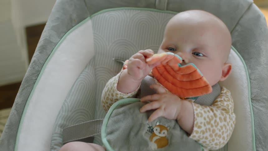 An infant is playing with a cloth toy while laying in a hammock in a home during the day