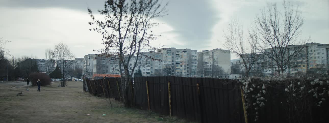 A person walks their dog on dormant grass near a lot of apartment buildings