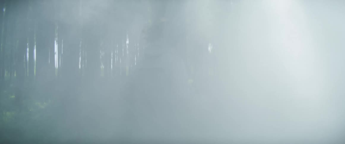 Man with long hair and gray rain coat runs across the forest through smoke