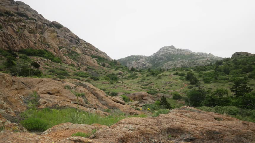 Grass and dirt along the hillside and mountains in the distance