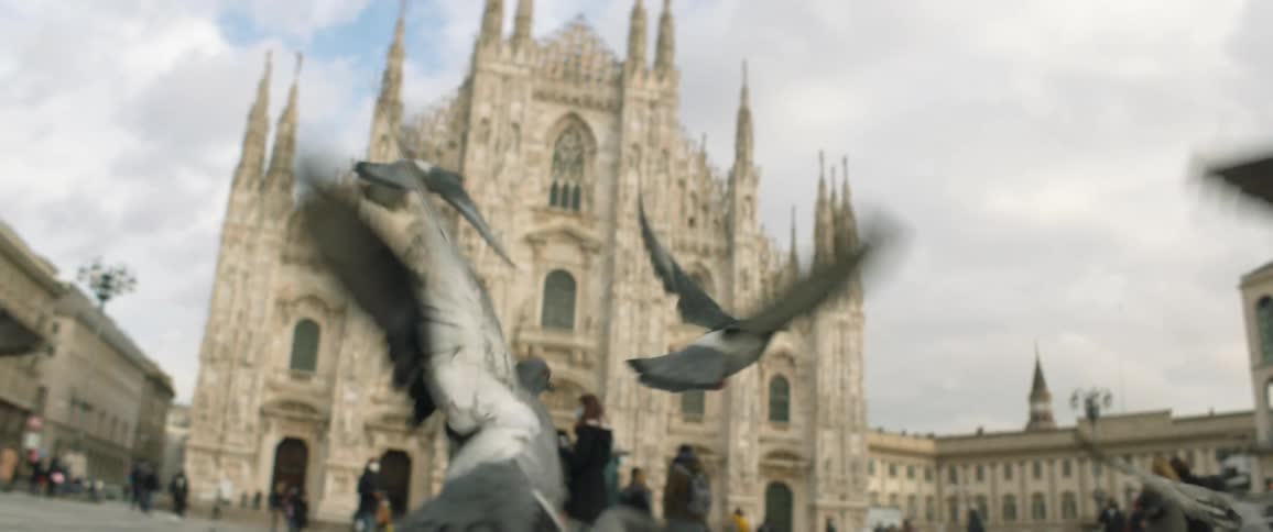 Pigeon flock takes off as people walk around plaza near cathedral under heavily cloudy sky
