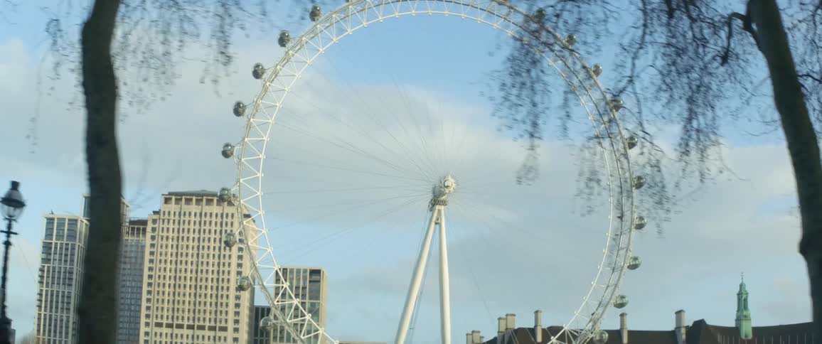 A very large ferris wheel sits at the edge of the city