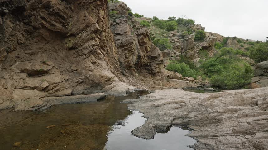 Gentle waves rippe in a river running through a canyon
