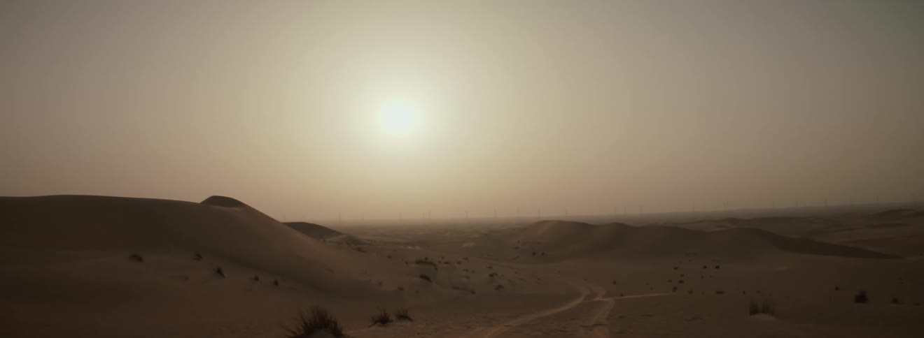 Tire marks run through sand dunes in the desert