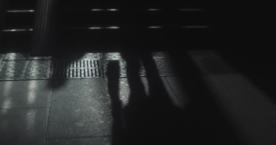 A shadow of people on a concrete floor and stairs