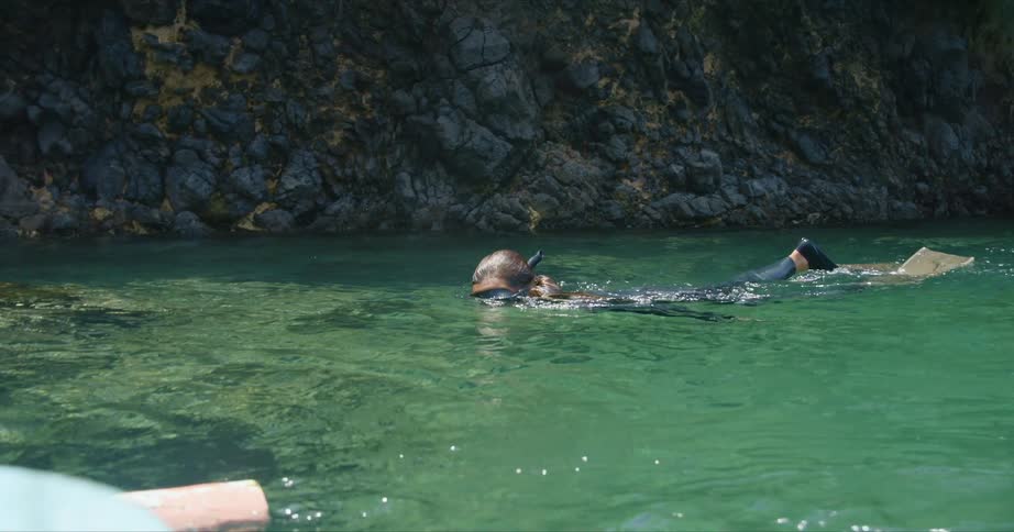 A person swimming in water with a snorkel and flippers