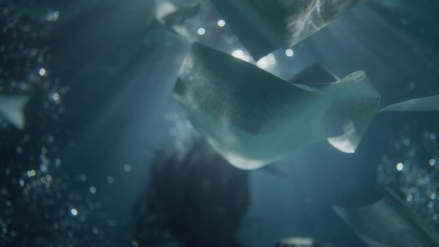 Man with beard and braided hair goes underwater while the papers are floating underwater