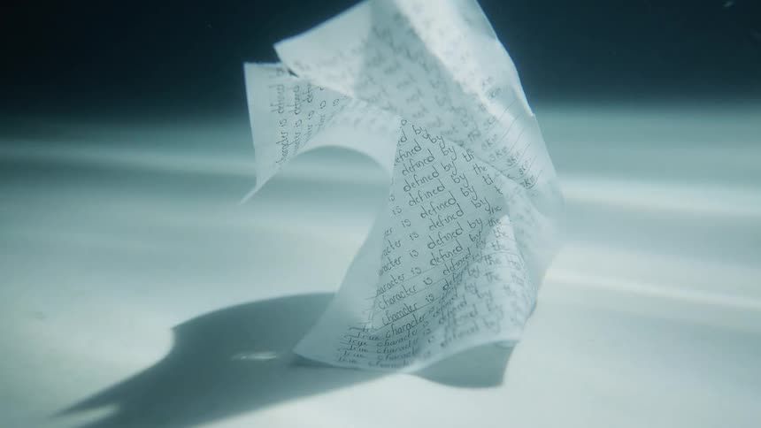 A paper with writing underwater