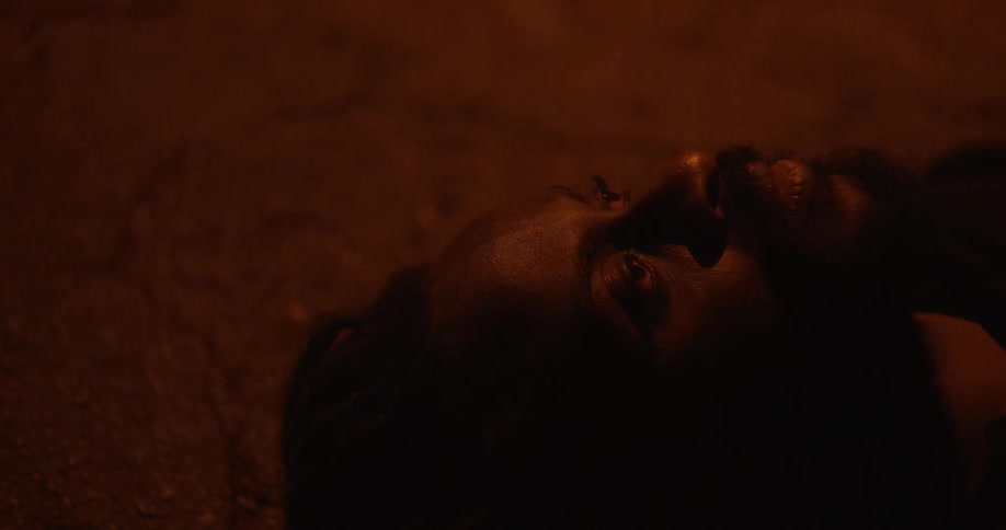 Man with braided hair and beard lies down on the ground in red light