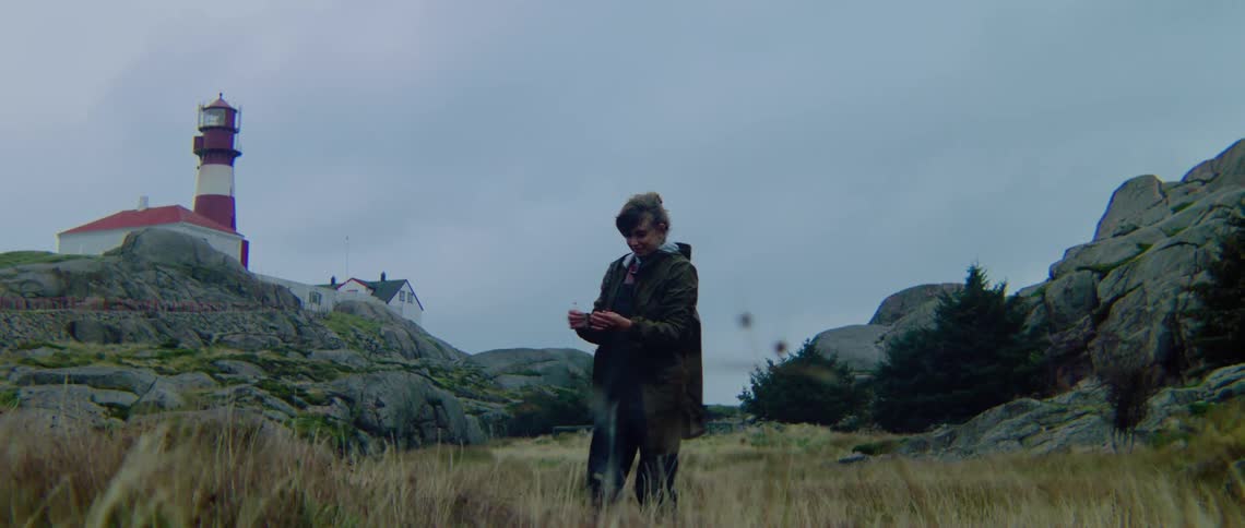 A woman picking flowers with rocks a lighthouse the sky and clouds in the background