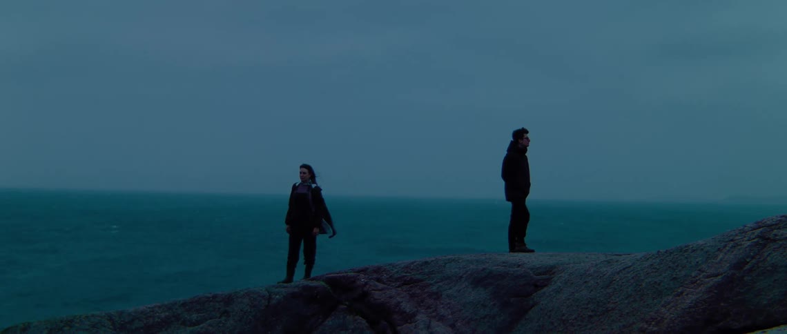 A man and woman stand on a rocky ridge overlooking the ocean on a dreary gray day