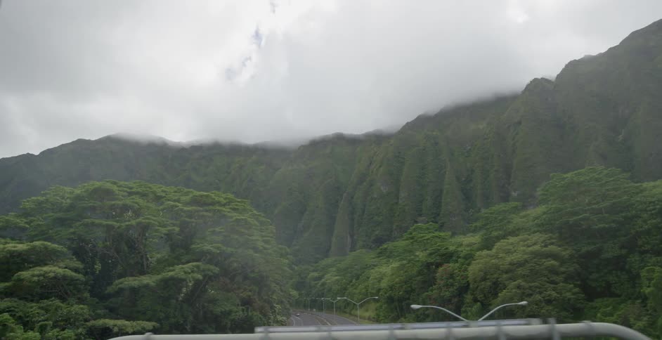 Thick clouds over dense green mountains and forest