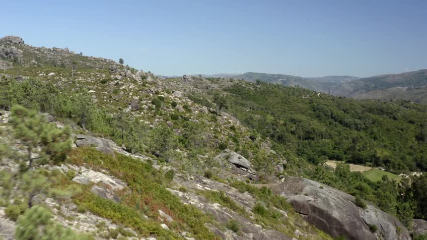 A rocky mountain ridge with trees brush and boulders