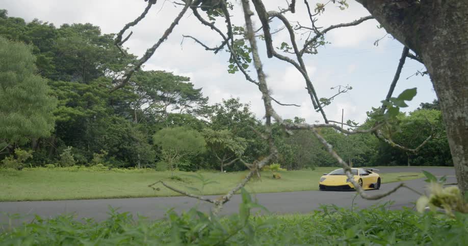 A yellow sports car is parked on a road