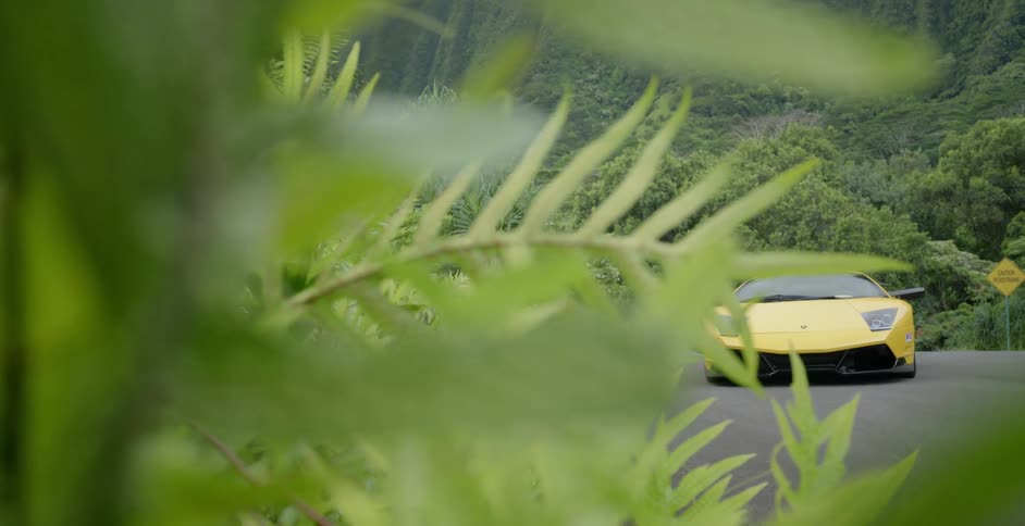 A yellow sports car sits on the road