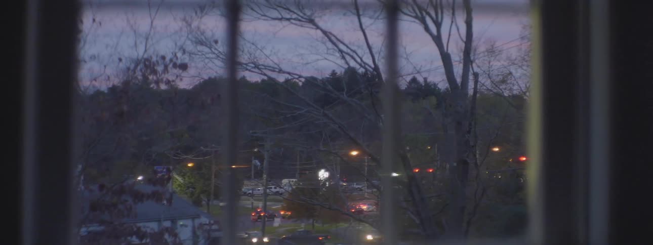 Traffic lights at dusk seen through a window pane