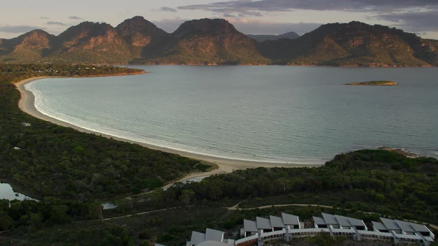 An aerial view of the beach and ocean