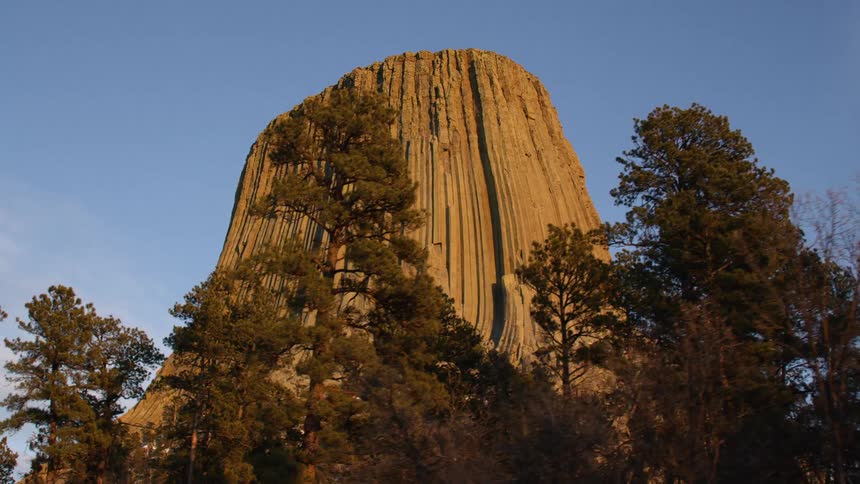 A mesa rock formation surrounded by trees
