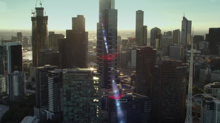 Aerial view of tall skyscrapers on the city skyline at morning