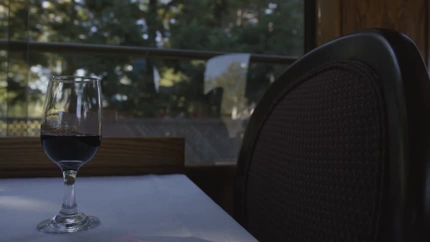 A wine glass on a table in a train during the day